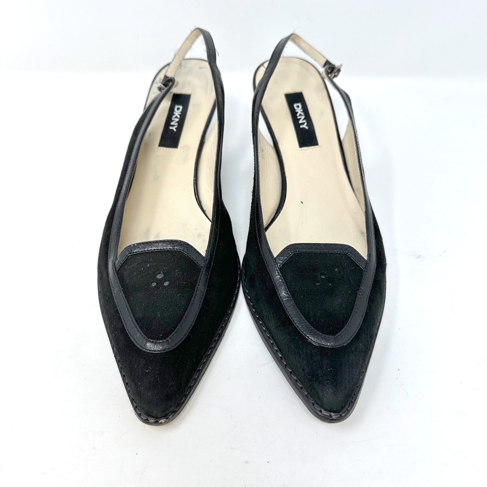 Vintage DKNY Pointed‎ Toe Sling Back Kitten Heels Suede & Leather Black Size 7